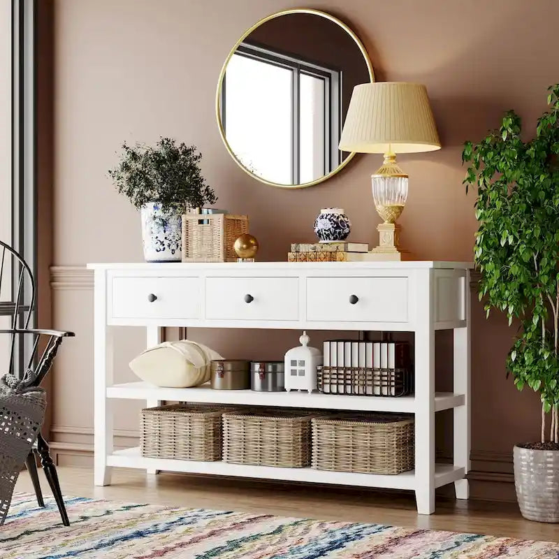 Retro Console Table Sofa Table with 2 Open Shelves and 3 Drawers, Pine Solid Wood Frame and Legs for Living Room, Entryway