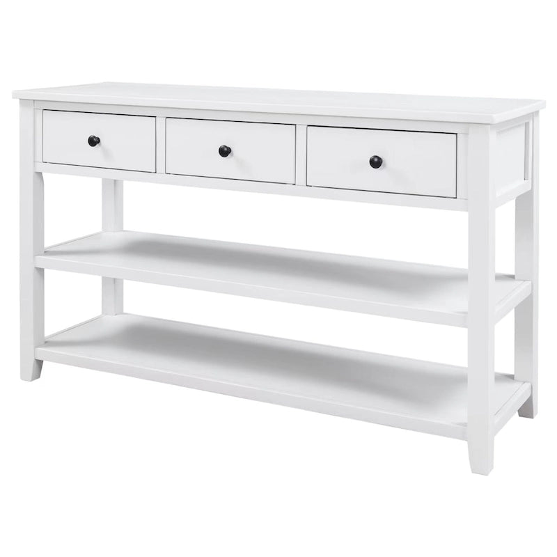 Retro Console Table Sofa Table with 2 Open Shelves and 3 Drawers, Pine Solid Wood Frame and Legs for Living Room, Entryway
