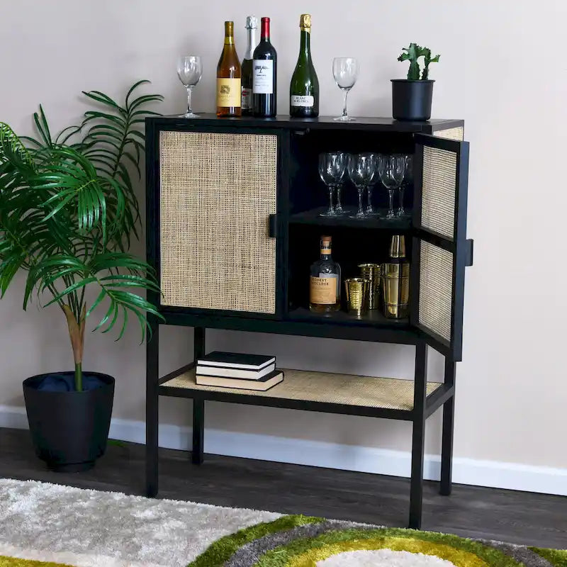 Woven Rattan and Wood Cabinet with 2 Doors