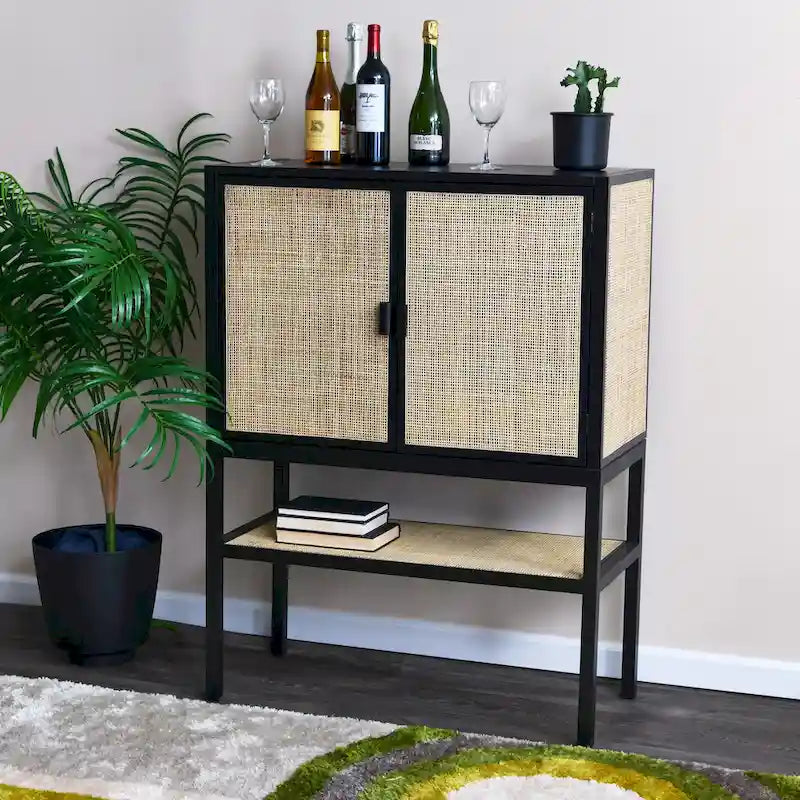 Woven Rattan and Wood Cabinet with 2 Doors