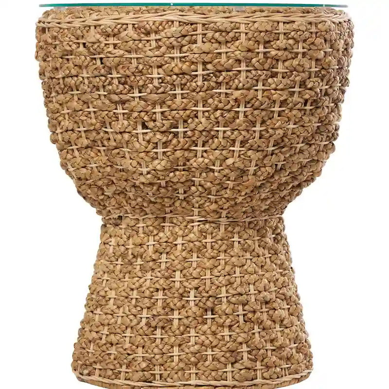 Rattan and Seagrass Handmade Woven Tapered Coffee Table or Accent Table with Glass Top Brown