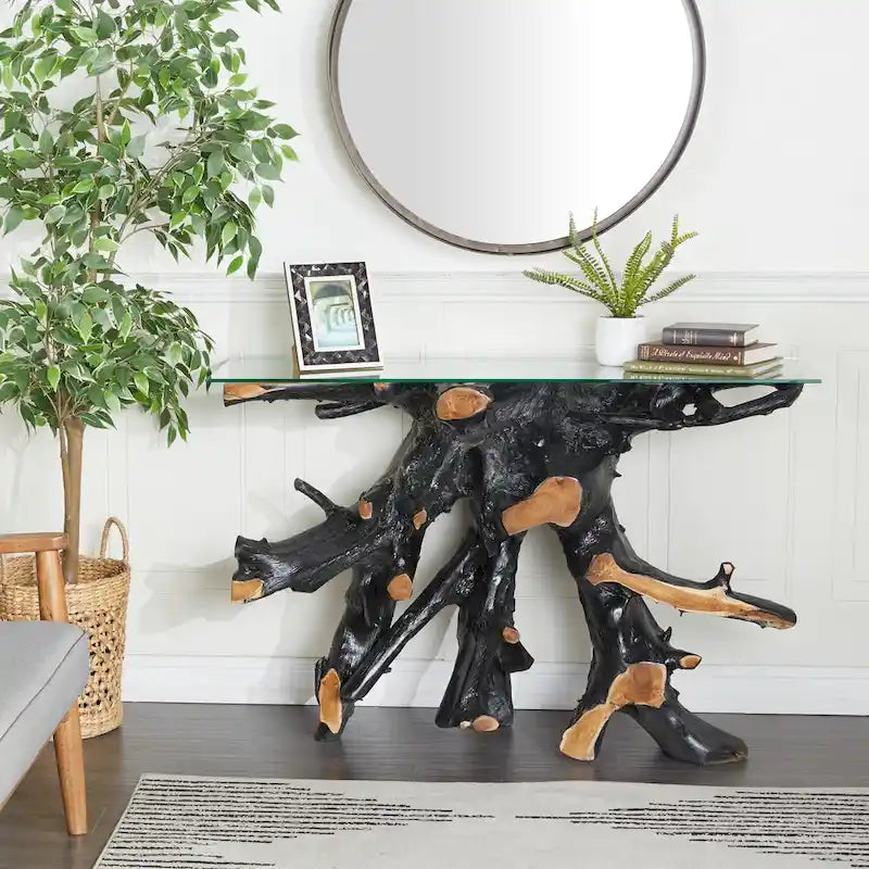 Teak Wood Live Edge Tree Stump Console Table with Clear Glass Top - Black - Roche River Decor - 16W x 49L x 32H
