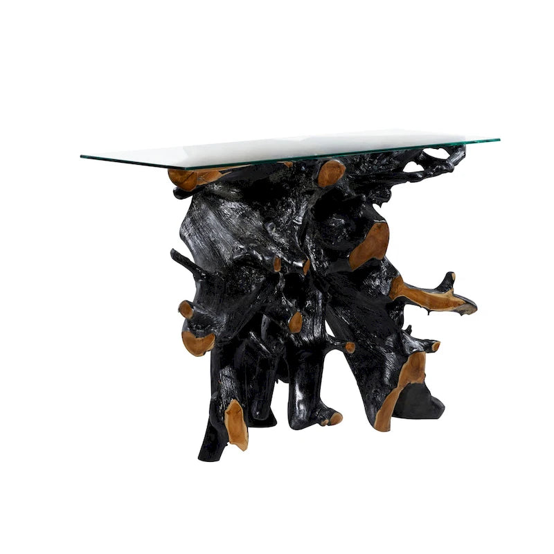Teak Wood Live Edge Tree Stump Console Table with Clear Glass Top - Black - Roche River Decor - 16W x 49L x 32H