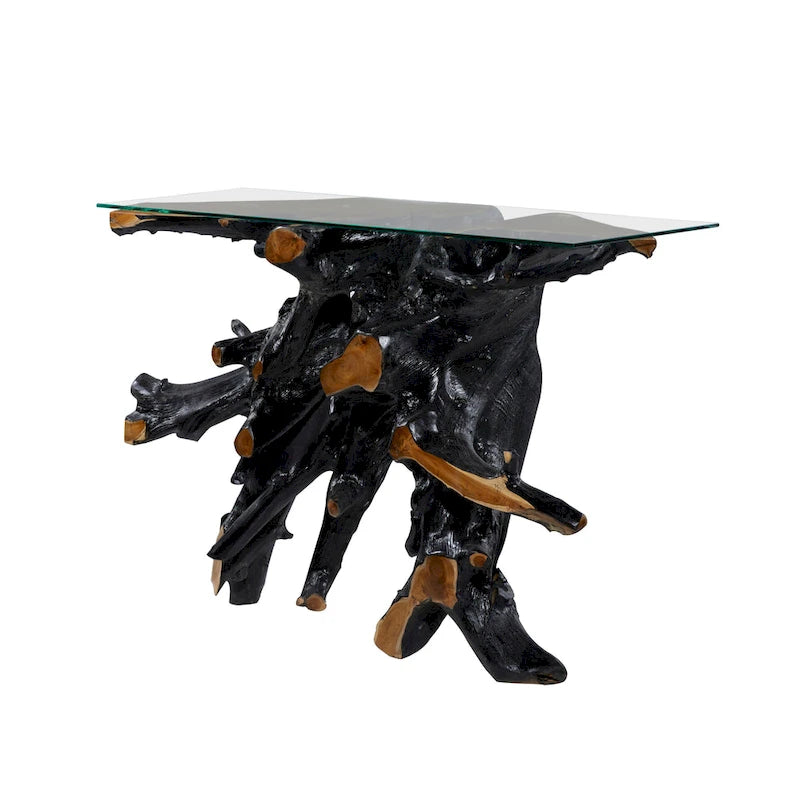 Teak Wood Live Edge Tree Stump Console Table with Clear Glass Top - Black - Roche River Decor - 16W x 49L x 32H