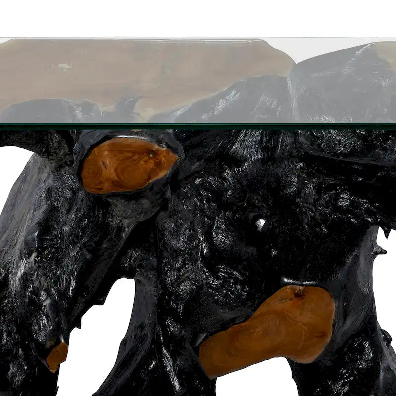 Teak Wood Live Edge Tree Stump Console Table with Clear Glass Top - Black - Roche River Decor - 16W x 49L x 32H