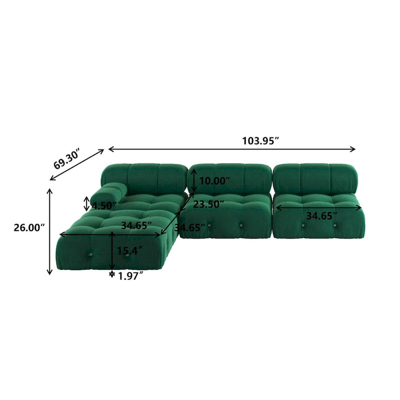 104 Wide Velvet Reversible Modular Sofa & Chaise with Ottoman