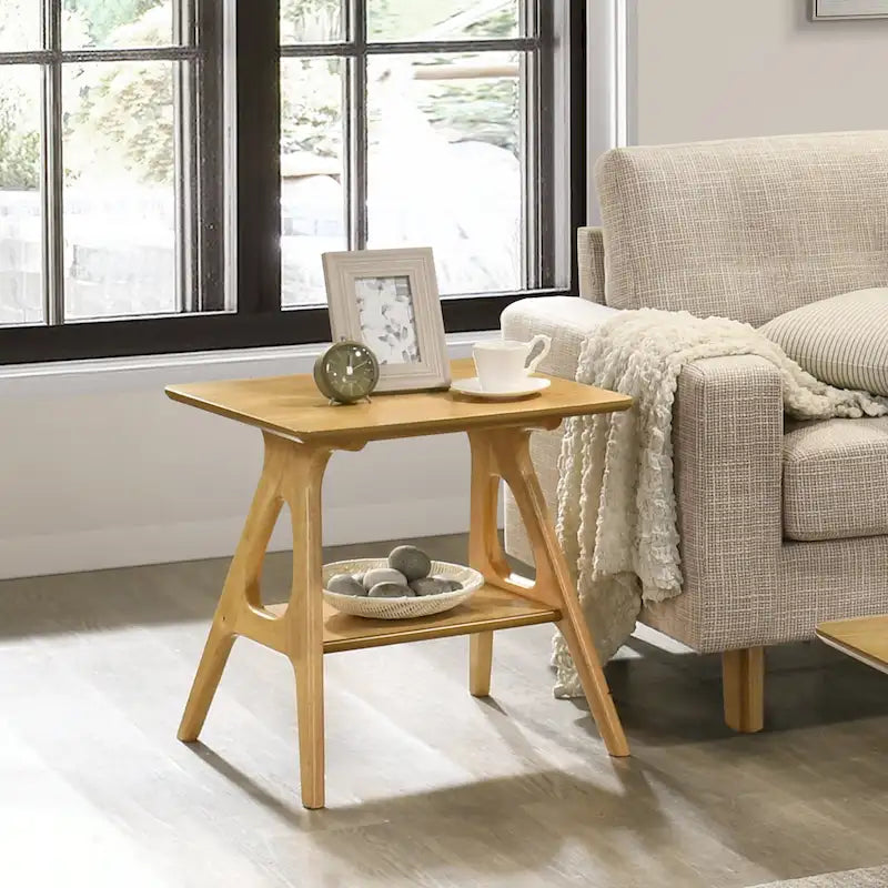Roundhill Furniture Arona Mid-Century Modern Wood End Table with Shelf