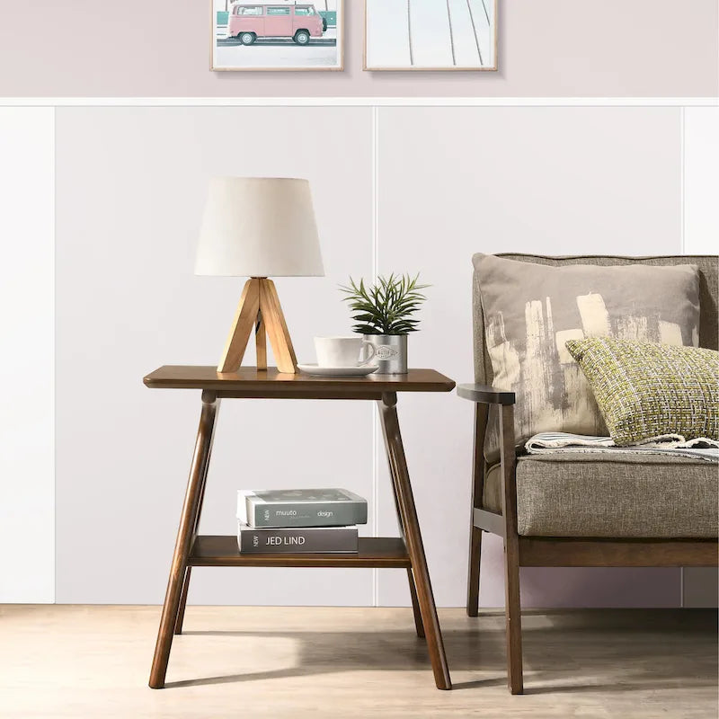 Roundhill Furniture Arona Mid-Century Modern Wood End Table with Shelf