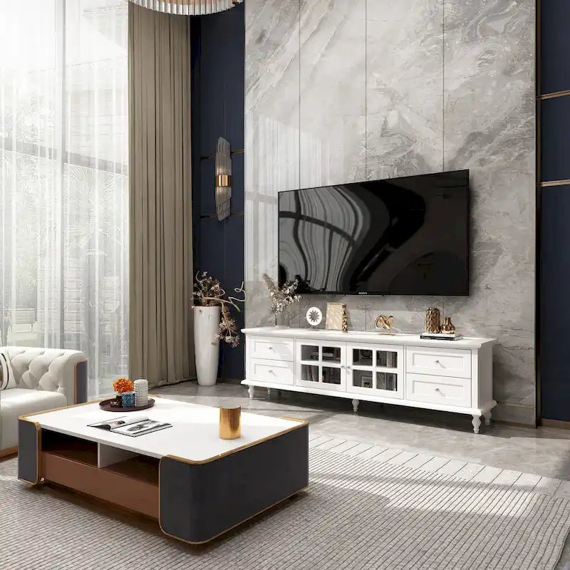 Modern White TV Stand w/Glass Doors and Drawers Entertainment Console - 70.9