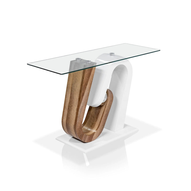Tong Contemporary White and Natural Geometric Base 47-inch Glass Top Sofa Table by Strick & Bolton