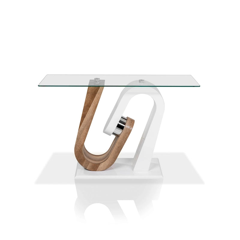 Tong Contemporary White and Natural Geometric Base 47-inch Glass Top Sofa Table by Strick & Bolton