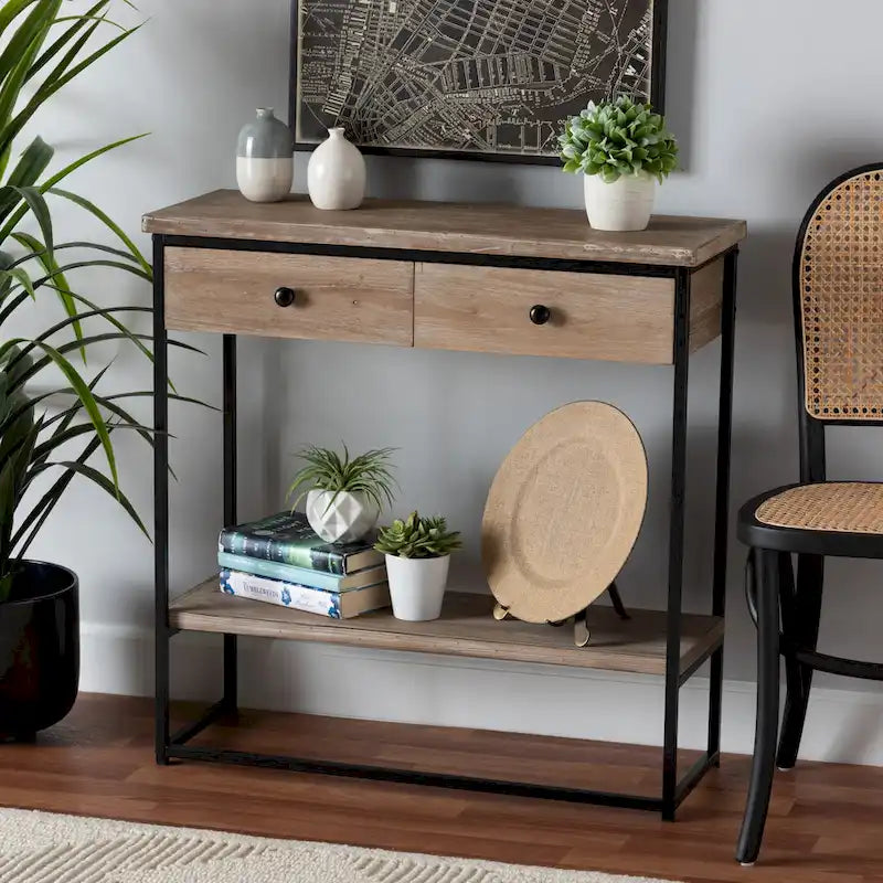 Silas Modern Industrial Natural Brown Finished Wood and Black Metal 2-Drawer Console Table