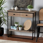 Silas Modern Industrial Natural Brown Finished Wood and Black Metal 2-Drawer Console Table