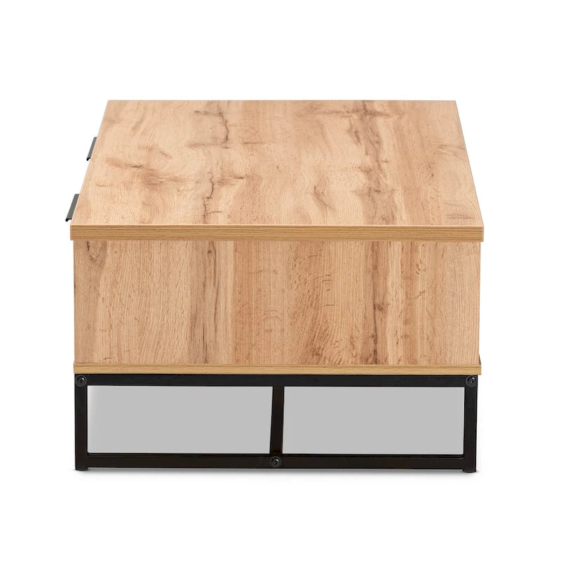 Franklin Oak Brown Wood and Black Metal 2-Drawer Coffee Table