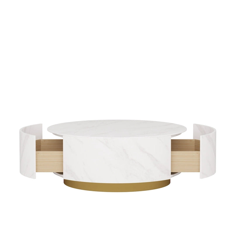 Modern Round Drum Coffee Table, Trapezoid White Marble Coffee Table For Living Room