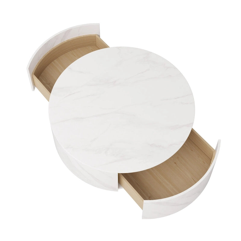 Modern Round Drum Coffee Table, Trapezoid White Marble Coffee Table For Living Room