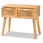 Falan Mid-Century Modern 2-Drawer Wood Console Table with Rattan-Oak