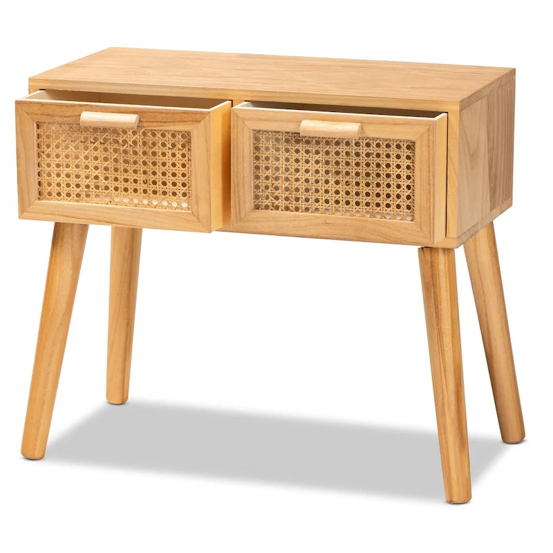 Falan Mid-Century Modern 2-Drawer Wood Console Table with Rattan-Oak