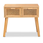 Falan Mid-Century Modern 2-Drawer Wood Console Table with Rattan-Oak