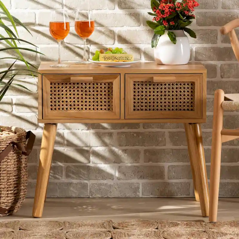 Falan Mid-Century Modern 2-Drawer Wood Console Table with Rattan-Oak
