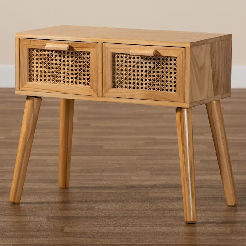 Falan Mid-Century Modern 2-Drawer Wood Console Table with Rattan-Oak