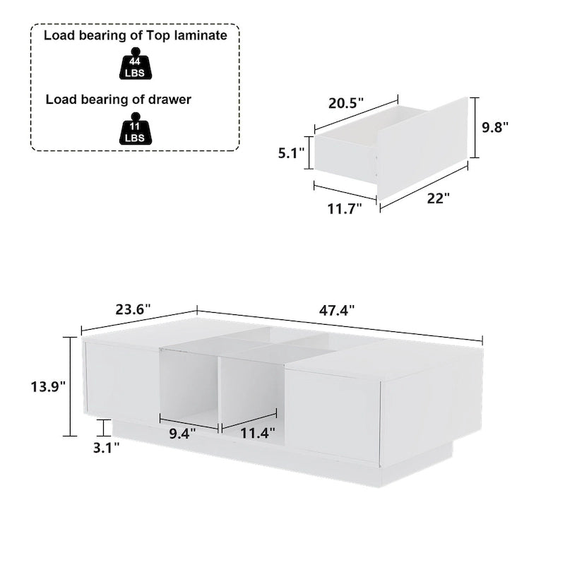 Coffee Table Storage High Gloss Coffee Tables LED Lighting Cocktail - 47.4W