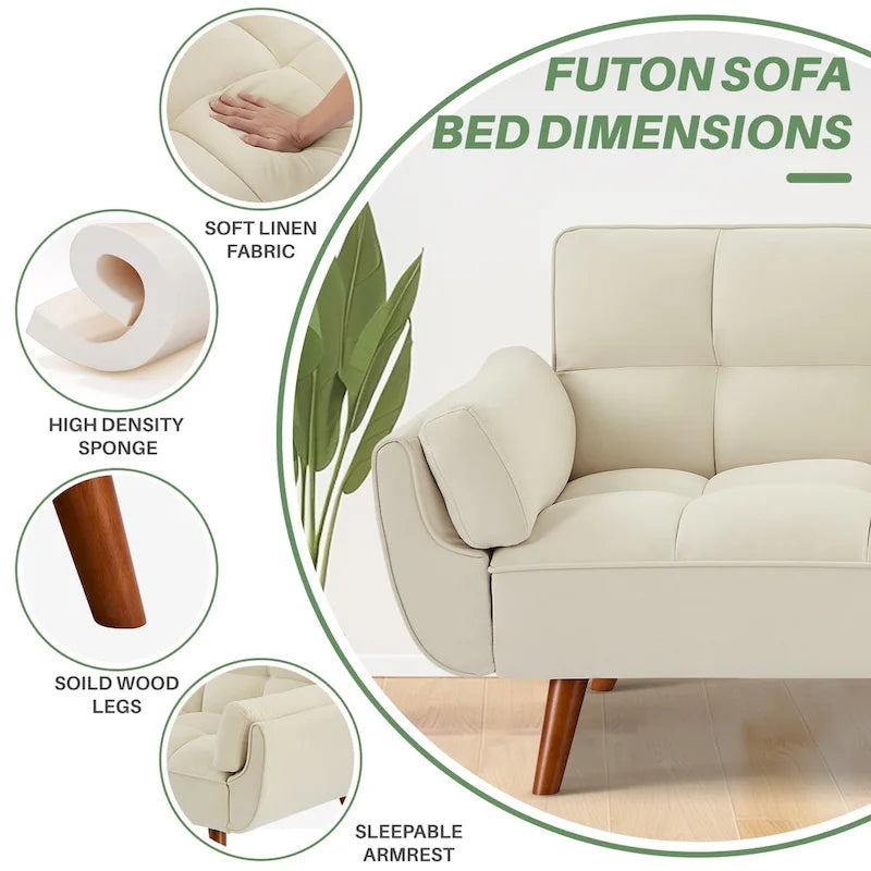 75.39 Futon Sofa Bed, Convertible Folding Futon Couch Recliner Lounge For Living Room With 2 Pillow/Armrest