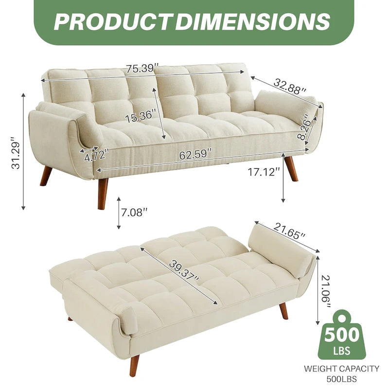 75.39 Futon Sofa Bed, Convertible Folding Futon Couch Recliner Lounge For Living Room With 2 Pillow/Armrest