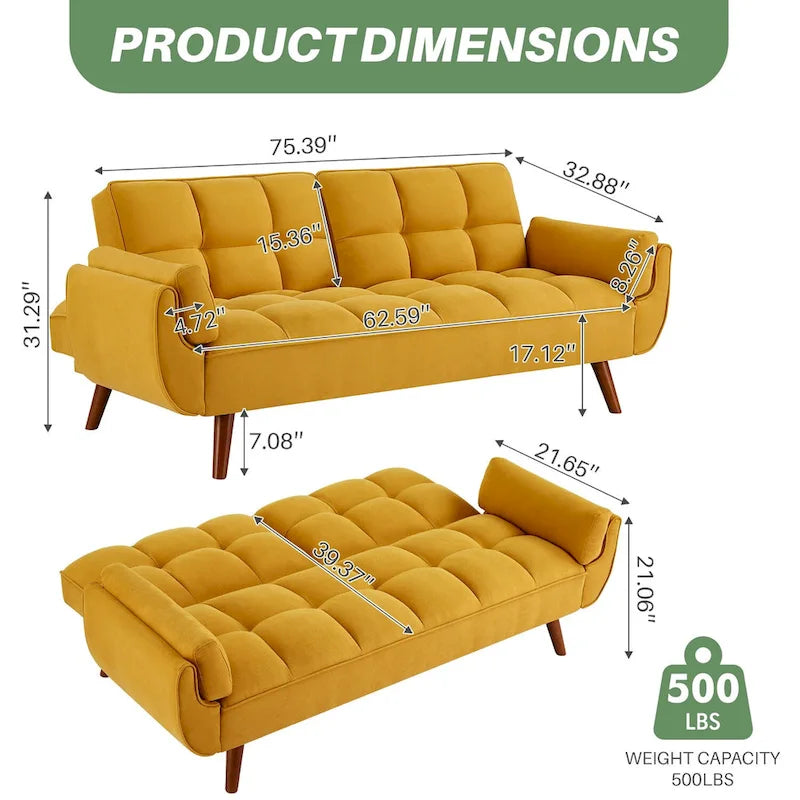 75.39 Futon Sofa Bed, Convertible Folding Futon Couch Recliner Lounge For Living Room With 2 Pillow/Armrest