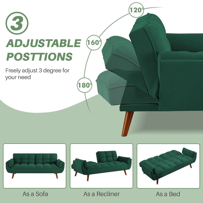 75.39 Futon Sofa Bed, Convertible Folding Futon Couch Recliner Lounge For Living Room With 2 Pillow/Armrest