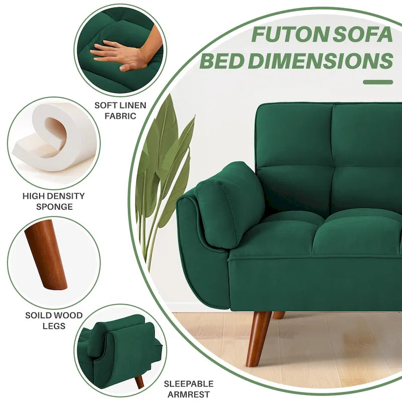 75.39 Futon Sofa Bed, Convertible Folding Futon Couch Recliner Lounge For Living Room With 2 Pillow/Armrest