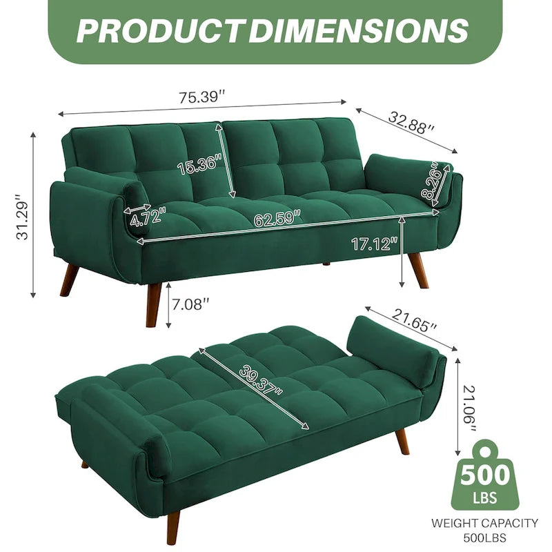 75.39 Futon Sofa Bed, Convertible Folding Futon Couch Recliner Lounge For Living Room With 2 Pillow/Armrest