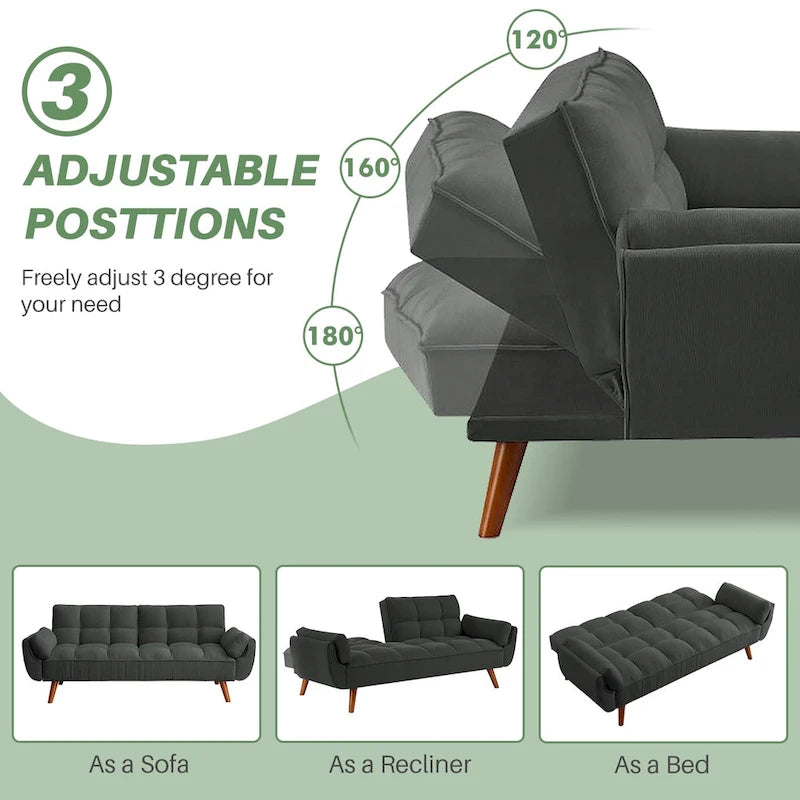 75.39 Futon Sofa Bed, Convertible Folding Futon Couch Recliner Lounge For Living Room With 2 Pillow/Armrest