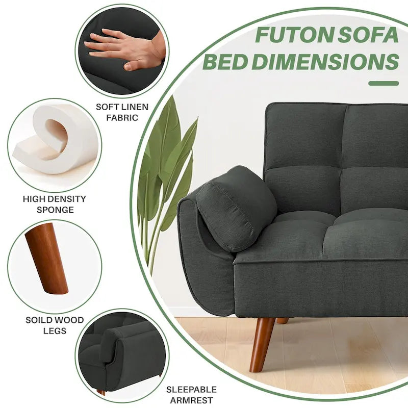 75.39 Futon Sofa Bed, Convertible Folding Futon Couch Recliner Lounge For Living Room With 2 Pillow/Armrest