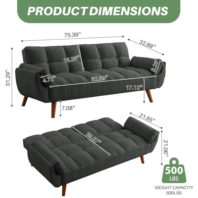 75.39 Futon Sofa Bed, Convertible Folding Futon Couch Recliner Lounge For Living Room With 2 Pillow/Armrest