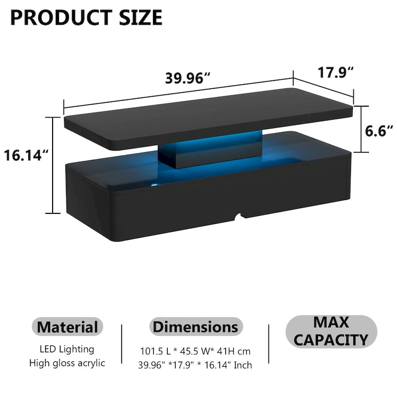 Modern Stylish Coffee Table with 16 Colors LED Lights, Double-Layer Design for Living Room