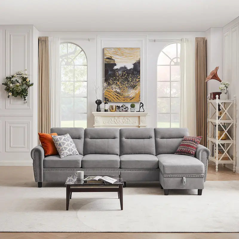 4 Seater L Shaped Reversible Nailed Sectional Sofa with Storage Ottoman