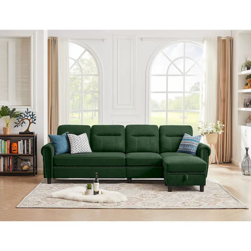 4 Seater L Shaped Reversible Nailed Sectional Sofa with Storage Ottoman