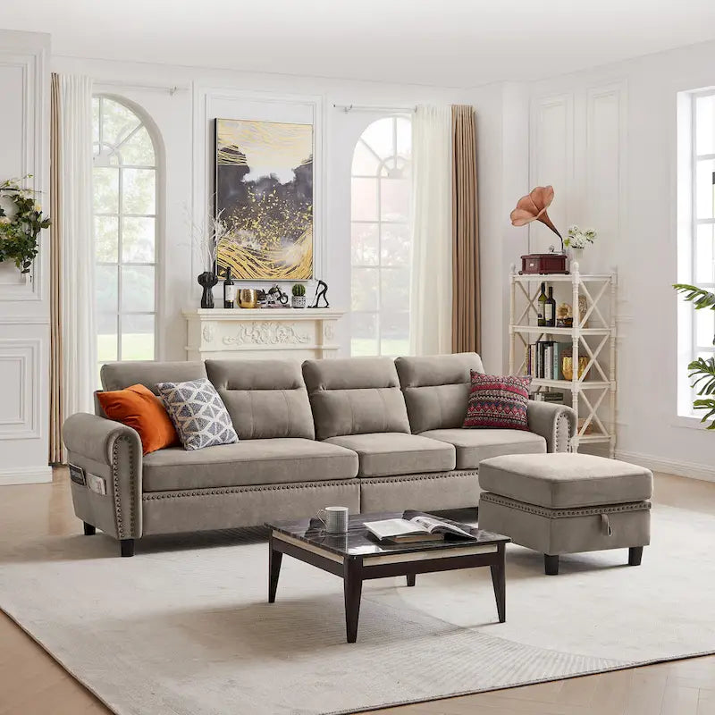 4 Seater L Shaped Reversible Nailed Sectional Sofa with Storage Ottoman