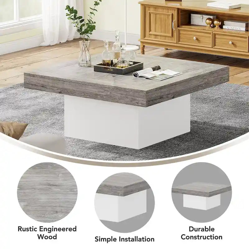 Farmhouse Coffee Table Square LED Coffee Table Engineered Wood Coffee Table