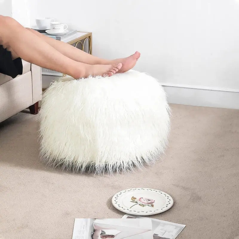 Adeco Unstuffed Ottoman Round Pouf Cushion Covers Faux Fur Foot Stool