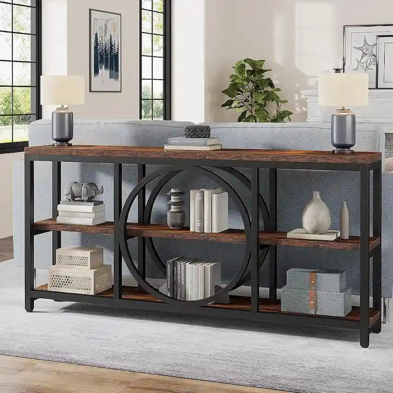 70.9 inch Extra Long Console Table with 3 Tier Wood Storage Shelves