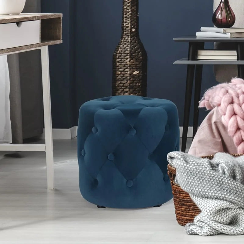 Adeco Tufted Round Ottoman - Upholstered Ottoman Footstool Foot Rest