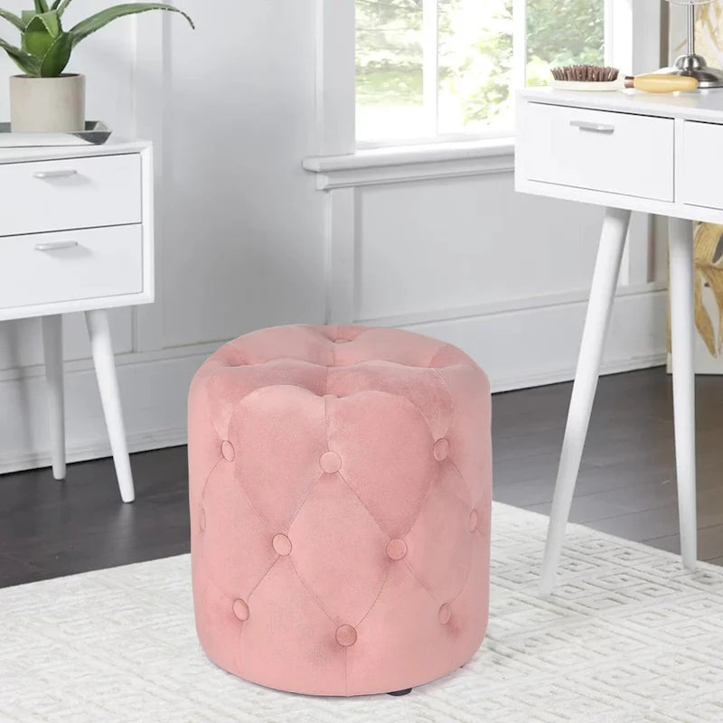 Adeco Tufted Round Ottoman - Upholstered Ottoman Footstool Foot Rest