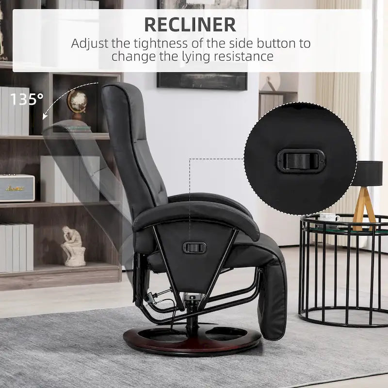 HOMCOM PU Recliner with Footrest, Lounge Chair with 135 Adjustable Backrest, Swivel Wood Base