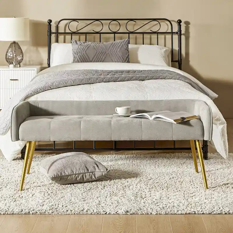 Luis Modern Upholstered Low Back Bench with Sturdy Golden Metal Tapered Leg by HULALA HOME