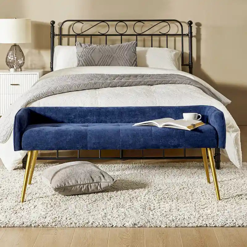 Luis Modern Upholstered Low Back Bench with Sturdy Golden Metal Tapered Leg by HULALA HOME
