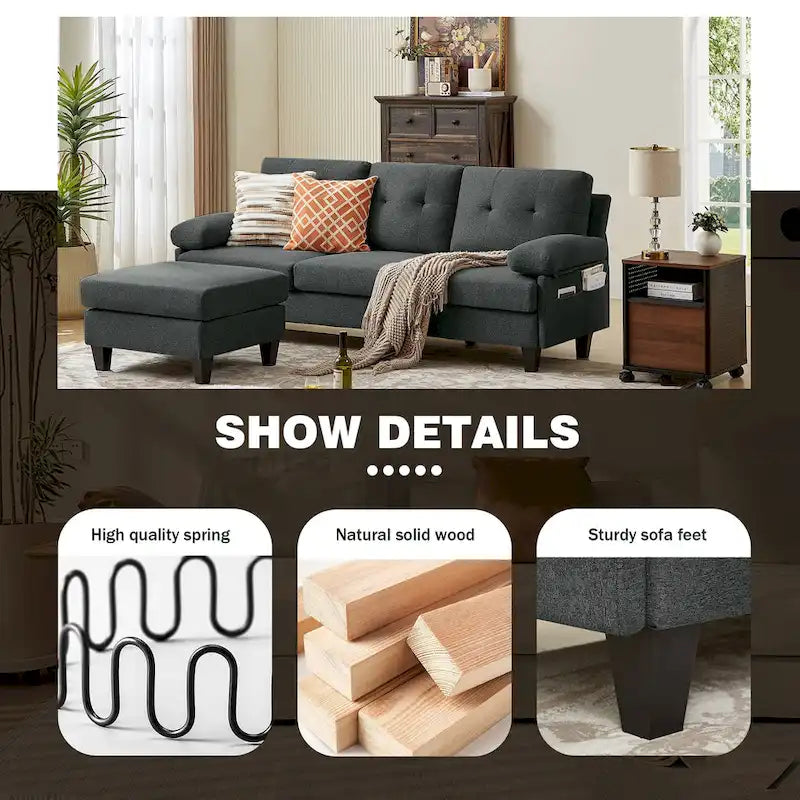 86.22 Wide Sectional Sofa with Ottoman & Side Storage Bags