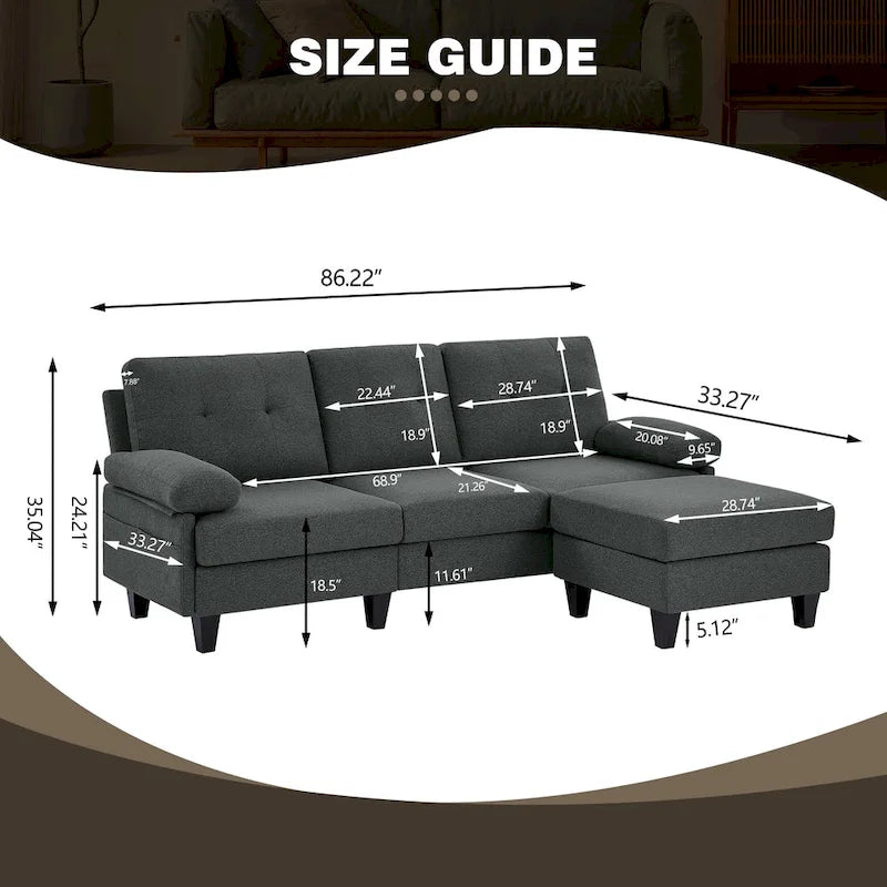 86.22 Wide Sectional Sofa with Ottoman & Side Storage Bags