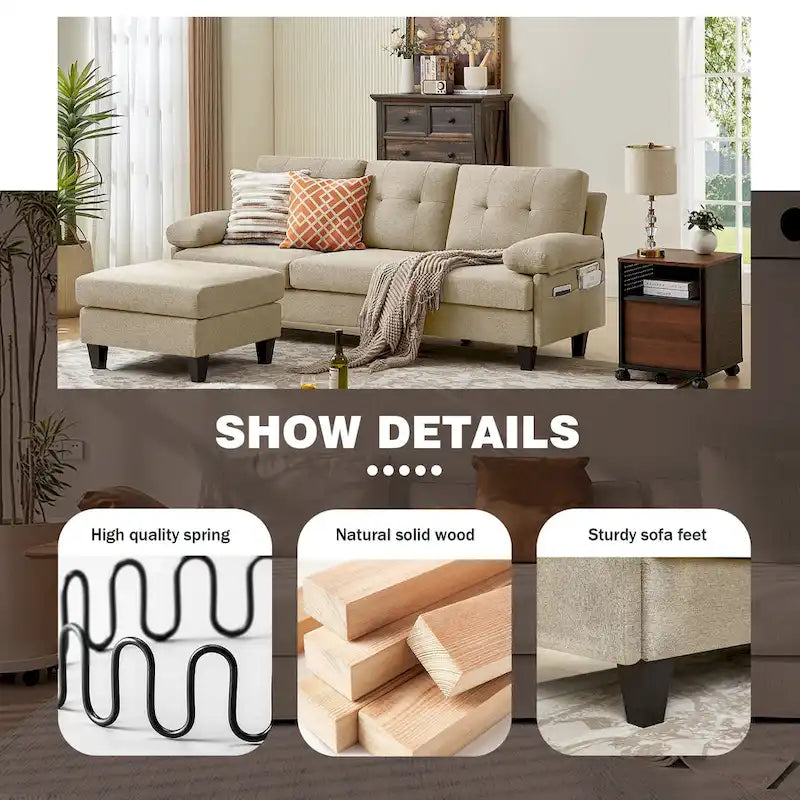 86.22 Wide Sectional Sofa with Ottoman & Side Storage Bags